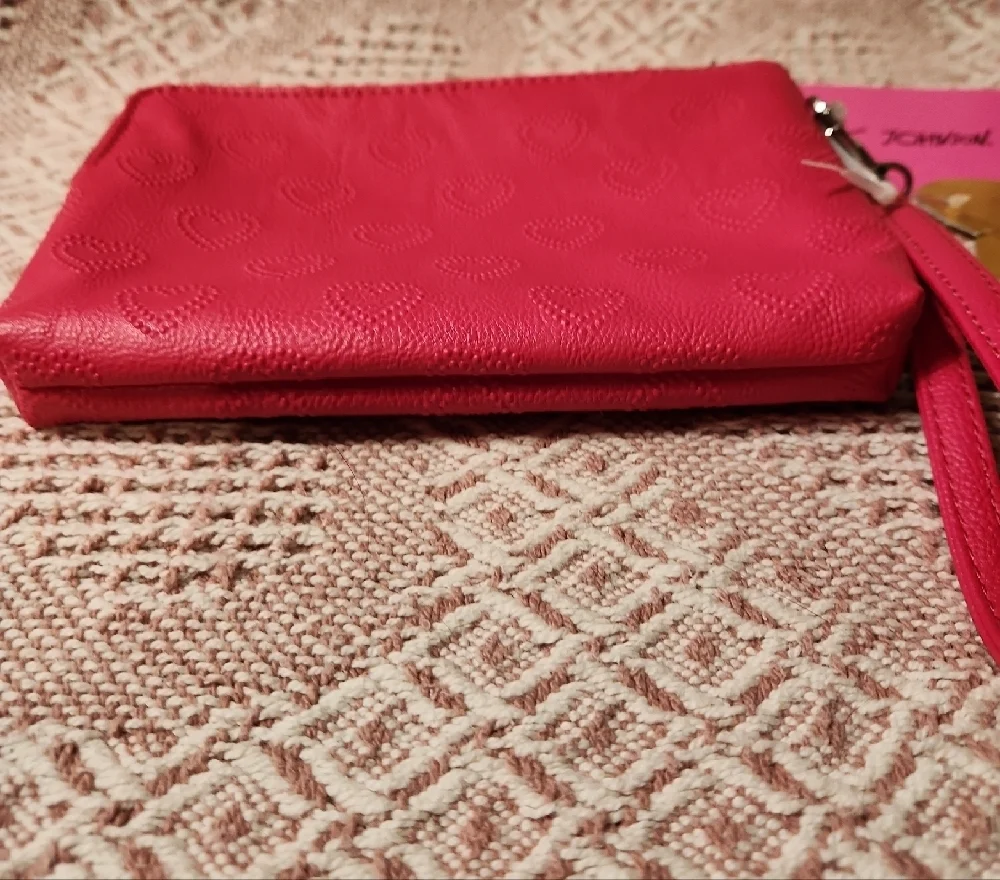 Betsey Johnson Red Faux Leather Double Zip Wristlet Embossed Hearts NWT
